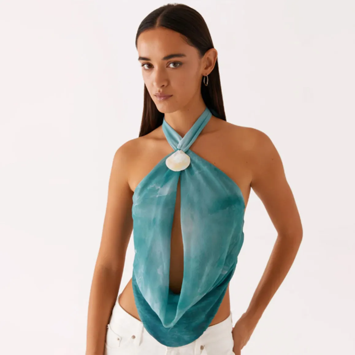 Women Fashion Sexy Shell Decoration Halter-Neck Sleeveless Backless Lace-Up Tank Top