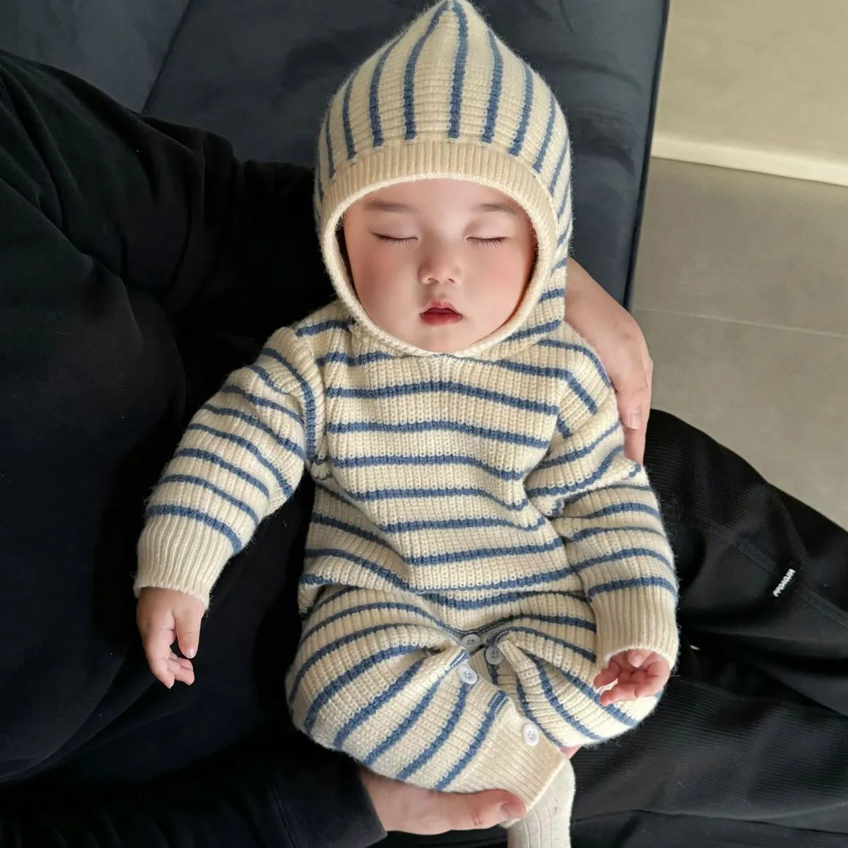 Baby Fashion Stripe Knitted Long-Sleeve Hoodie Jumpsuit for Spring Autumn