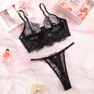 Women Fashion Solid Color Lace Perspective Fish Bone Sexy Lingerie Set