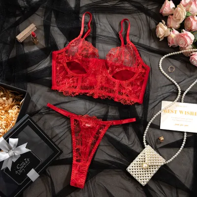 Women Fashion Solid Color Lace Perspective Fish Bone Sexy Lingerie Set