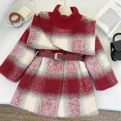 Girls Fleece-Lined Plaid Printed Coat and Dress Two-Piece Set with Detachable Belt for Autumn Winter