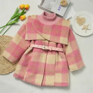 Girls Fleece-Lined Plaid Printed Coat and Dress Two-Piece Set with Detachable Belt for Autumn Winter