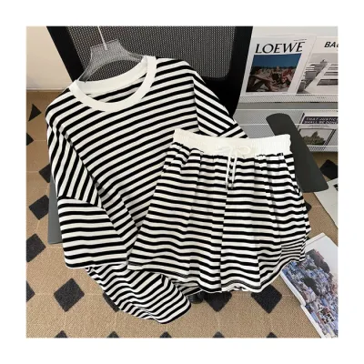 Women Casual Stripe Short-Sleeve T-Shirt Loose Shorts Two-Piece Set