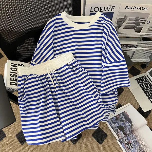 Women Casual Stripe Short-Sleeve T-Shirt Loose Shorts Two-Piece Set