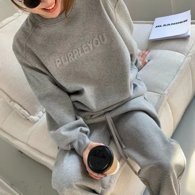 Women's Athleisure Loose Long-Sleeve Sweatshirt Drawstring Pants Two-Piece Set