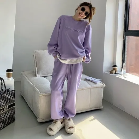 Women's Athleisure Loose Long-Sleeve Sweatshirt Drawstring Pants Two-Piece Set