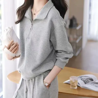 Women's Athleisure Lapel Long-Sleeve Sweatshirt Loose Drawstring Pants Two-Piece Set