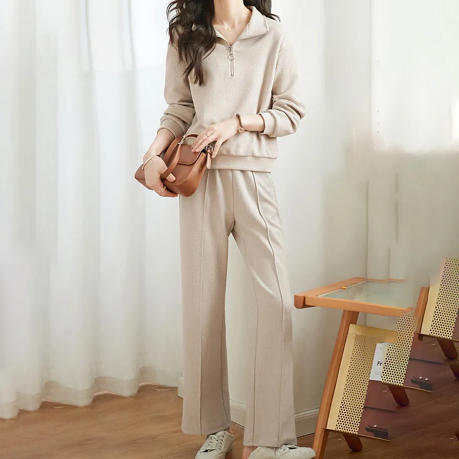 Women's Athleisure Lapel Long-Sleeve Sweatshirt Loose Drawstring Pants Two-Piece Set