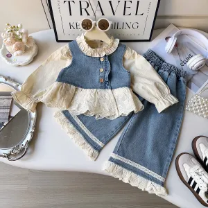 Girls' Casual Long-Sleeve Blouse Denim Lace Splicing Tank Top Jeans Three-Piece Set