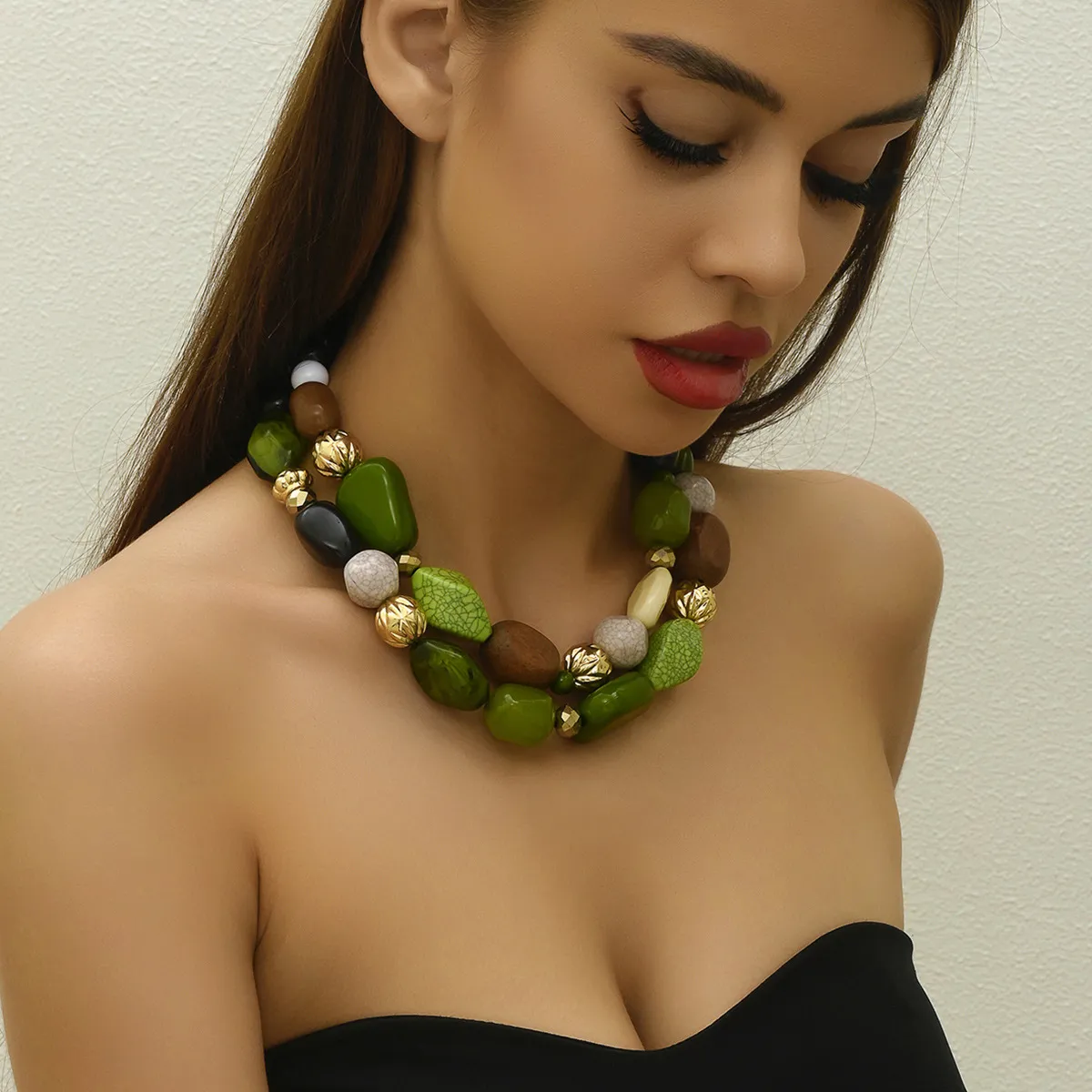 Women Fashion Retro Exaggerated Bohemian Stone Beads Necklace