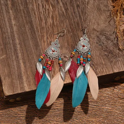 Women Fashion Retro Bohemian Feather Beads Tassel Earrings
