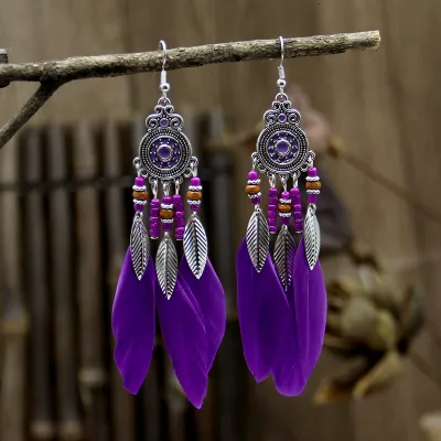 Women Fashion Retro Bohemian Feather Beads Tassel Earrings