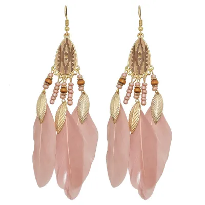 Women Fashion Retro Bohemian Feather Beads Tassel Earrings