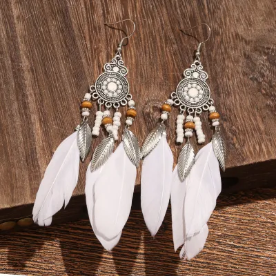 Women Fashion Retro Bohemian Feather Beads Tassel Earrings