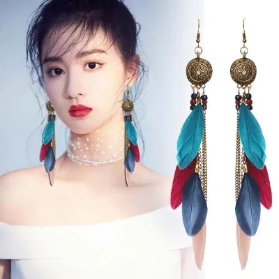 Women Fashion Retro Bohemian Feather Beads Tassel Earrings
