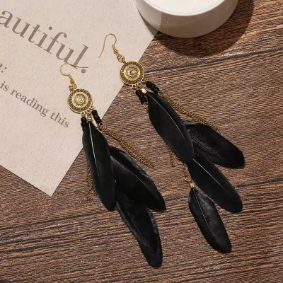 Women Fashion Retro Bohemian Feather Beads Tassel Earrings