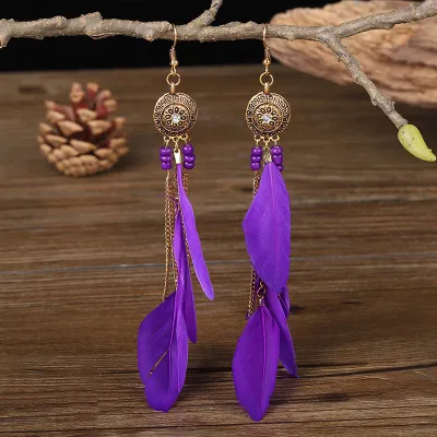 Women Fashion Retro Bohemian Feather Beads Tassel Earrings