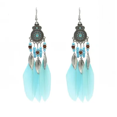 Women Fashion Retro Bohemian Feather Beads Tassel Earrings