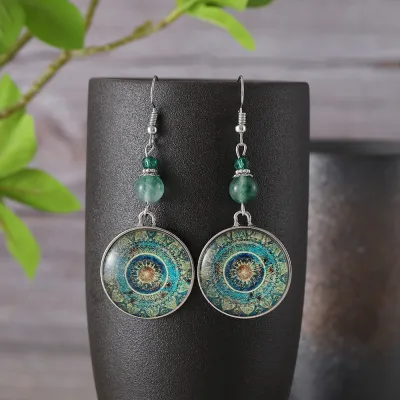 Women Fashion Retro Mandala Flower Earrings Ethnic Style Zinc Alloy