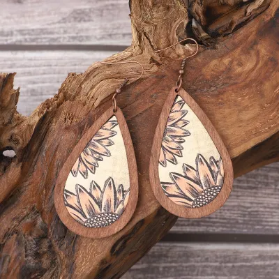 Women Fashion Retro Water Drops Wooden Earrings