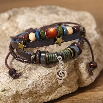 Women Fashion Retro Beaded Leather Woven Bracelet