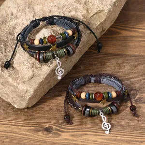 Women Fashion Retro Beaded Leather Woven Bracelet
