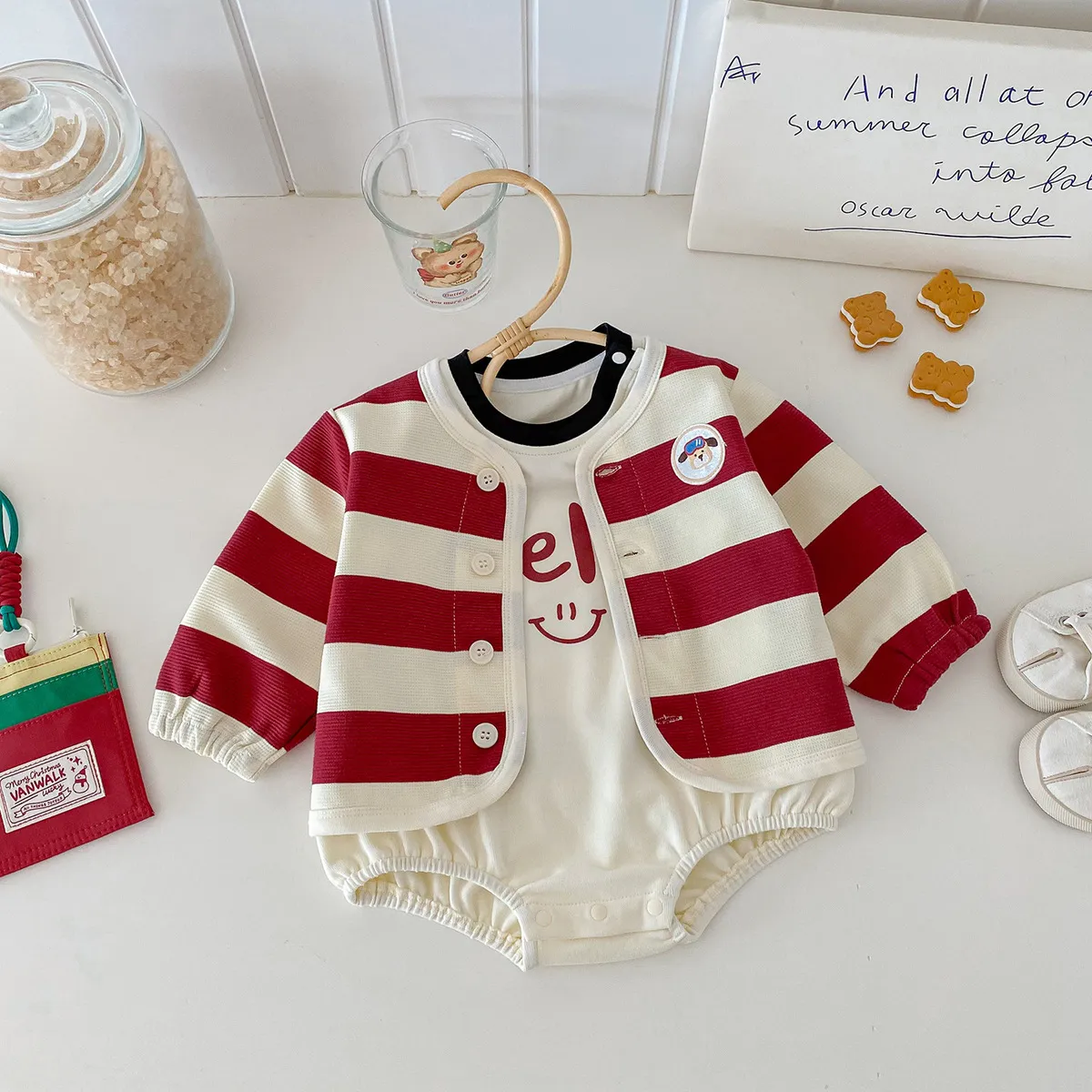 Baby Girl Fashion Casual Stripe Coat Long-Sleeve Rompers Two-Piece Cotton Set