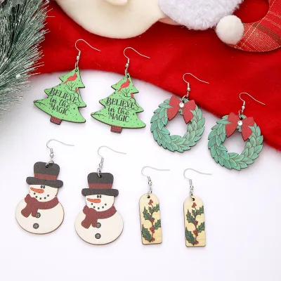 Women Fashion Christmas Party Cartoon Wooden Cute Scarf Snowman Christmas Tree Earrings