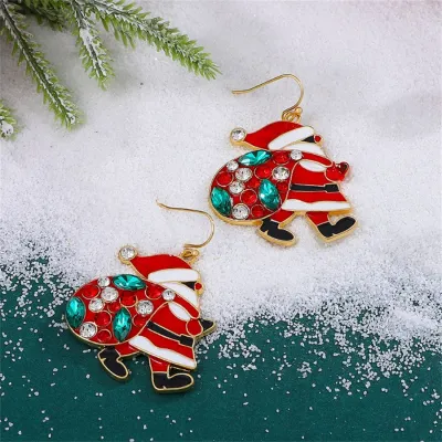 Women Fashion Creative Christmas Dripping Oil Zircon Santa Claus Earrings
