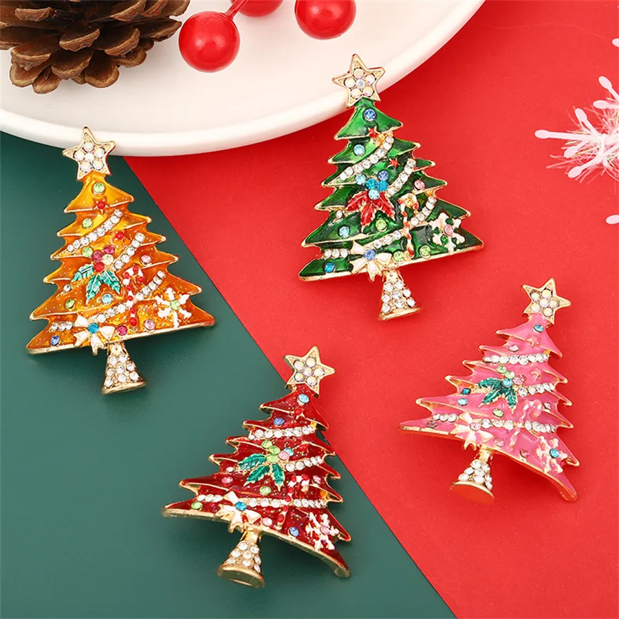 Women Fashion Christmas Oil Drop Rhinestone Christmas Tree Brooch