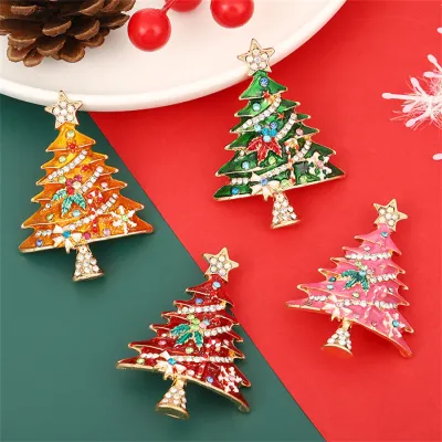 Women Fashion Christmas Oil Drop Rhinestone Christmas Tree Brooch