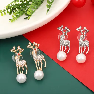 Women Fashion Christmas Imitation Pearl Zircon Deer Earrings