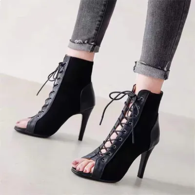 Women Fashion Suede Solid Color Peep-Toe Cross Strap High Heels Shoes