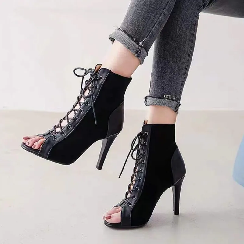 Women Fashion Suede Solid Color Peep-Toe Cross Strap High Heels Shoes