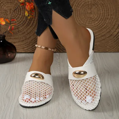 Women Fashion Casual Solid Color Mesh Breathable Flat Slippers