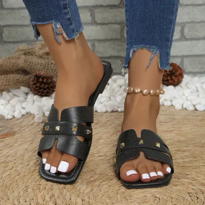 Women Fashion Causal Solid Color Rivet Square Toe Slippers