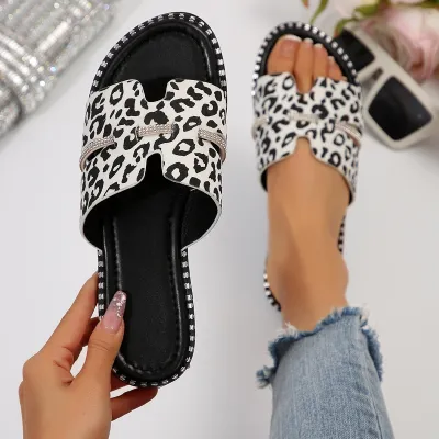 Women's Casual Leopard Rhinestone Flat Slippers Plus Size