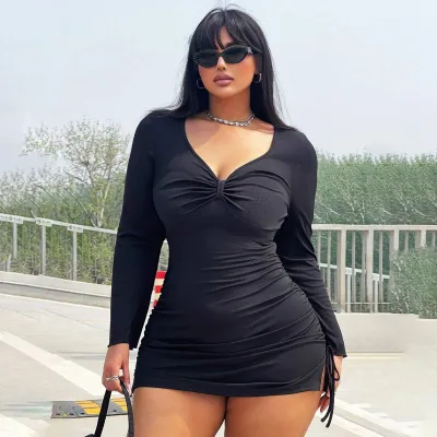 Vestido sexy de manga larga con cuello en V y cordón ajustable para mujer, color liso, talla grande
