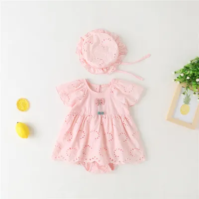 Baby Girl Elegant Solid Color Hollow-Out Short-Sleeve Rompers Hat Two-Piece Set Cotton Light-Weight Sleeveless Single-Breasted
