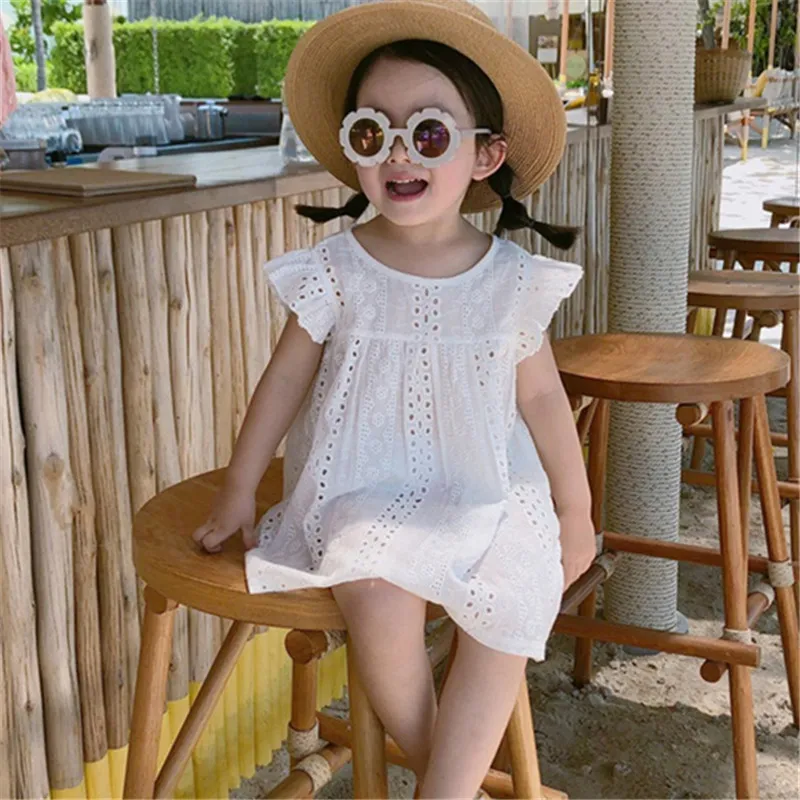 Girls Elegant Solid Color Hollow-Out Flying Sleeve Cotton Princess Dress(3-14T)