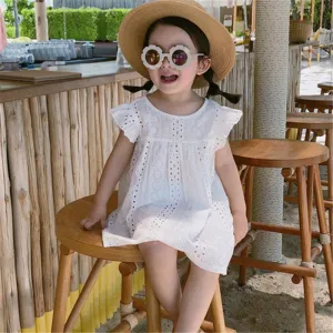 Girls Elegant Solid Color Hollow-Out Flying Sleeve Cotton Princess Dress(3-14T)