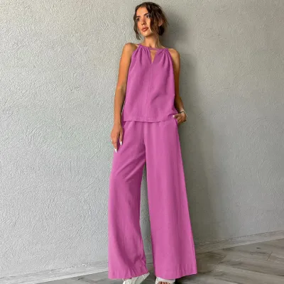 Women Casual Cotton Linen Sleeveless Lace-Up Tank Top Wide-Leg Pants Two-Piece Set