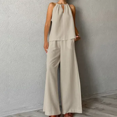 Women Casual Cotton Linen Sleeveless Lace-Up Tank Top Wide-Leg Pants Two-Piece Set