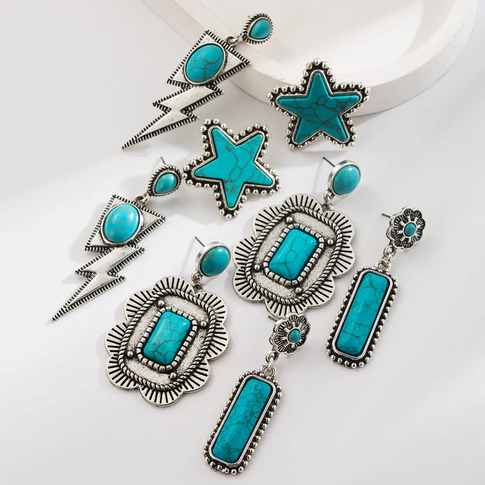 Exaggerated Retro Turquoise Geometric Stars Lightning Earrings