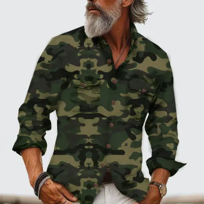 Men Fashion Casual Camouflage Printed Lapel Long Sleeve Multi-Pocket Workwear Shirts