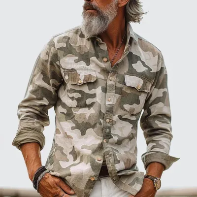 Men Fashion Casual Camouflage Printed Lapel Long Sleeve Multi-Pocket Workwear Shirts