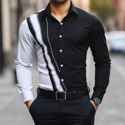 MenS Fashion Casual Color-Matching Lapel Long-Sleeve Blouse