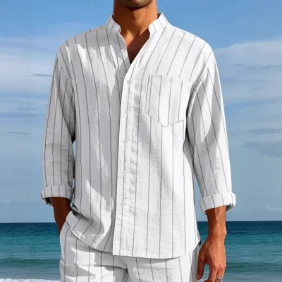 MenS Fashion Casual Stripe Linen Stand Collar Long Sleeve Blouse