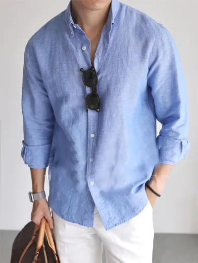 Men's Fashion Casual Cotton Linen Solid Color Breathable Lapel Long Sleeve Slim Fit Shirts