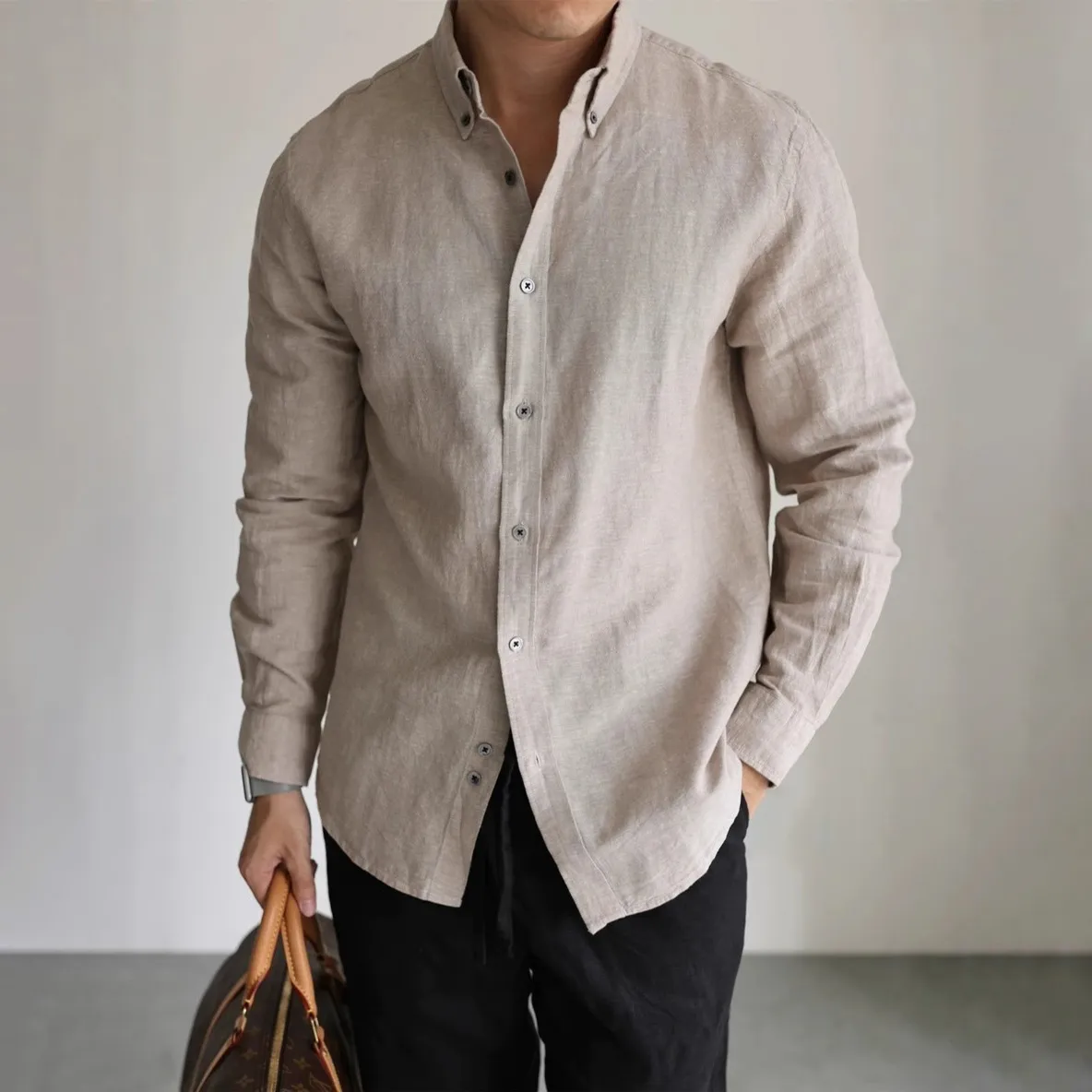 Men's Fashion Casual Cotton Linen Solid Color Breathable Lapel Long Sleeve Slim Fit Shirts
